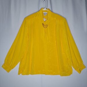Fitting‎ Image Button Collar Shirt Womens 26W Gold Bow Tie Pleated 80s Old Money